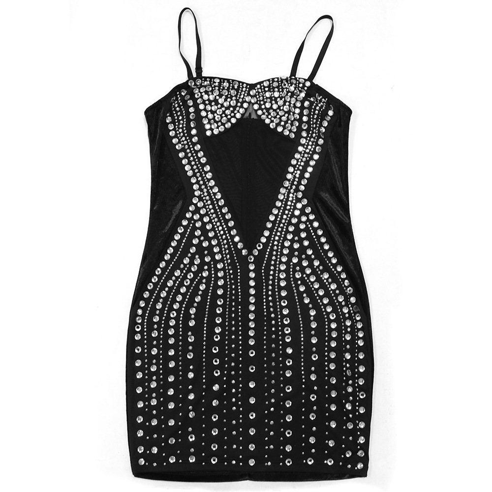 Damenbekleidung, sexy, heißes, durchsichtiges, hüftbedeckendes, ärmelloses Strapskleid aus Diamant-Samt-Spleißnetz für Damen_voghion.com