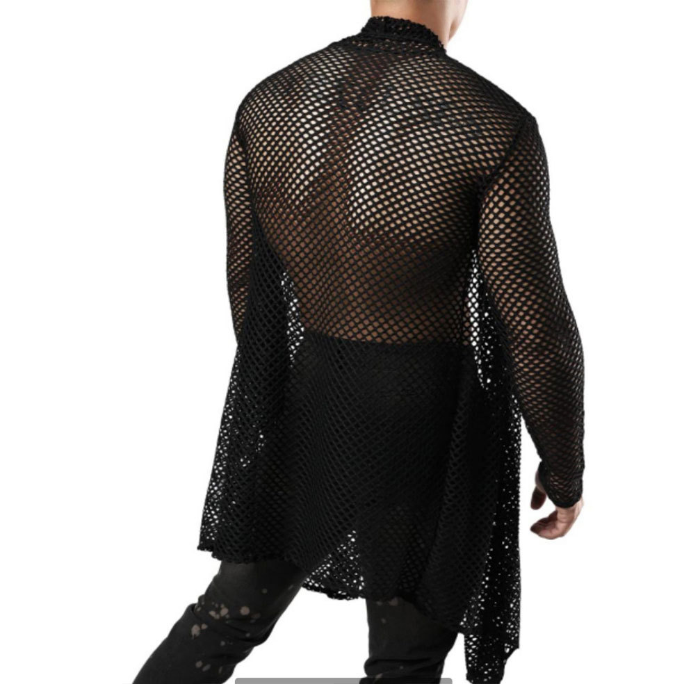 Herren-Übergröße, Schalkragen, Cut-Out, lange Strickjacke, Netzstoff, durchsichtig, Langarmshirt_voghion.com