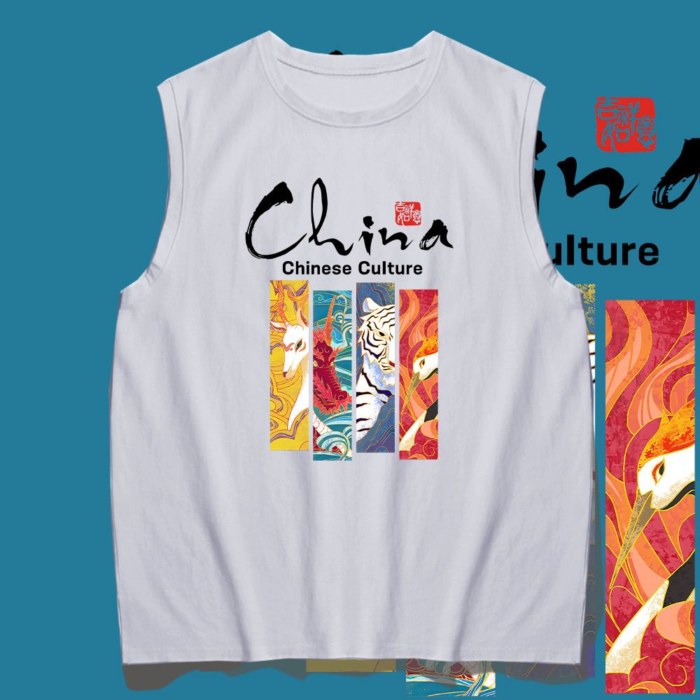 Y China Divine Beast China-Chic Ins Super Fire Loose Round Neck Pure Cotton Vest For Male Summer Young Lovers Sleeveless_voghion.com