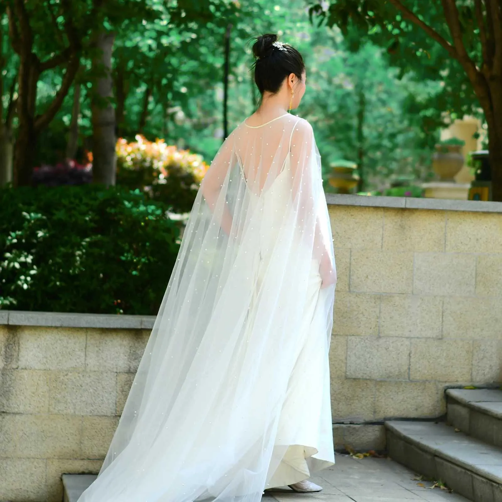 Haarschmuck Damen Perlen Braut Schulterschleier Langer Umhang Abend Cape Jacke Für Frauen Bolero Weicher Tüll Schal Hochzeit_voghion.com