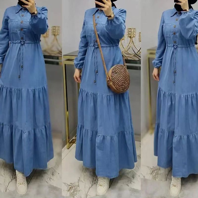 Blo Patchwork Maxi Dubai Tierkesch Kleeder Modesch Elegant Denim Kleed fir Fraen_voghion.com