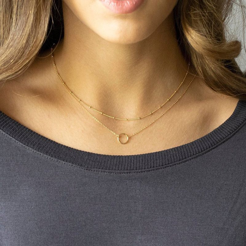 Collier pendentif en forme de cercle avec chaîne de perles en cuivre à double couche et anneau simple rétro pour clavicule_voghion.com