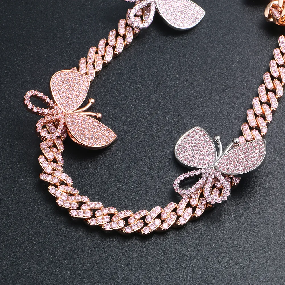 Collana con catena cubana a farfalla in oro rosa placcato con ghiaccio per le donne_voghion.com