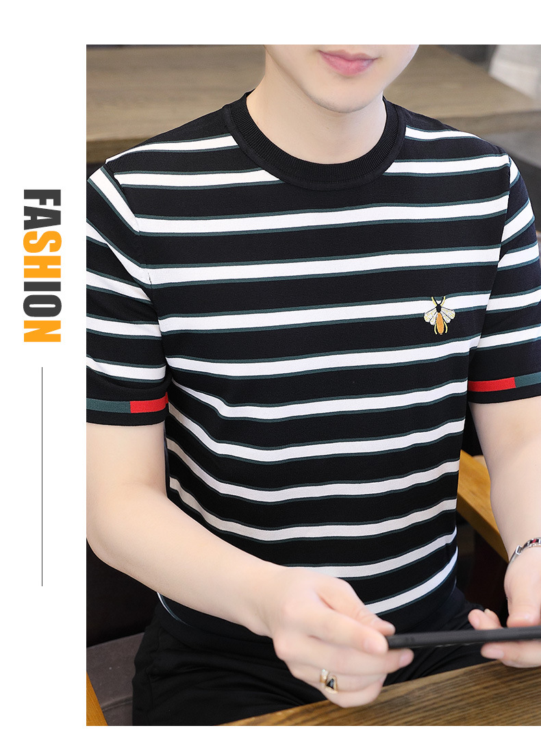 Maglietta da uomo a maniche corte in seta lavorata a maglia, estate 2024, nuova maglietta alla moda, girocollo, casual, a righe, ricamata, all'ingrosso_voghion.com