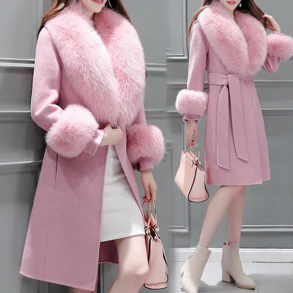 Manteau en laine mi-long pour femme, coupe slim, avec lacets, grand col en fourrure, manteau en laine avec col en fourrure amovible