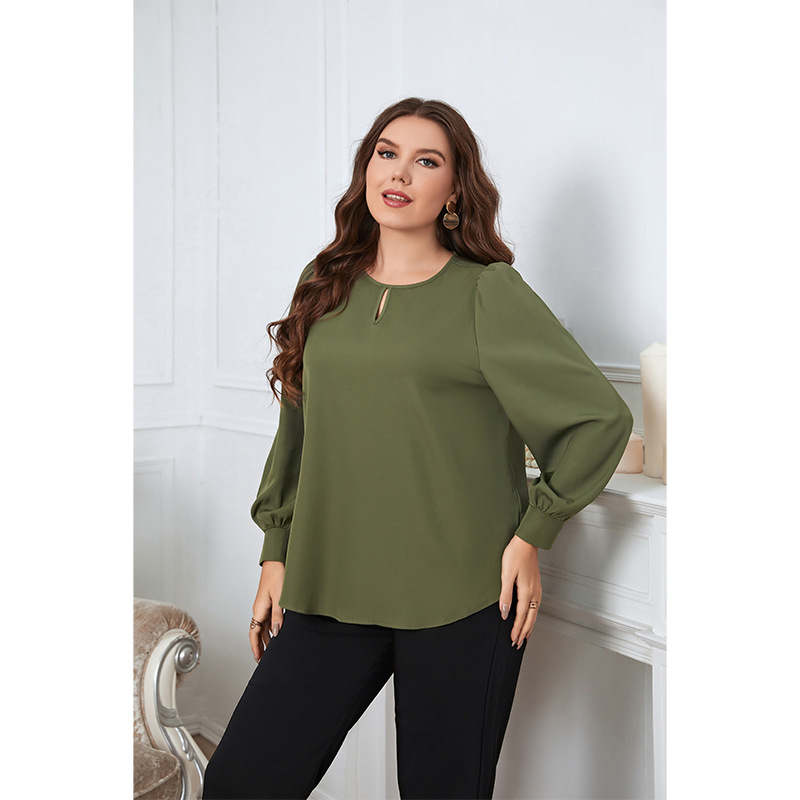 spring round neck long sleeve green large size women's shirt_voghion.com