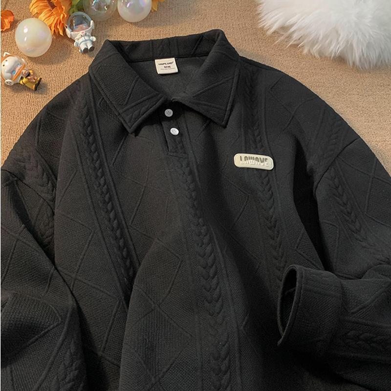 New retro polo collar sweatshirt for men in autumn and winter, loose and high-end, college style lapel jacket_voghion.com