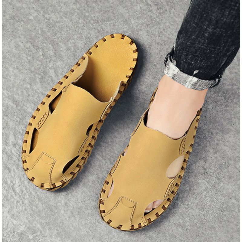 Baotou Herren Sommer Strandsandalen Leder rutschfeste Slipper Fauler Mann ohne Absatz Halbschuhe_voghion.com