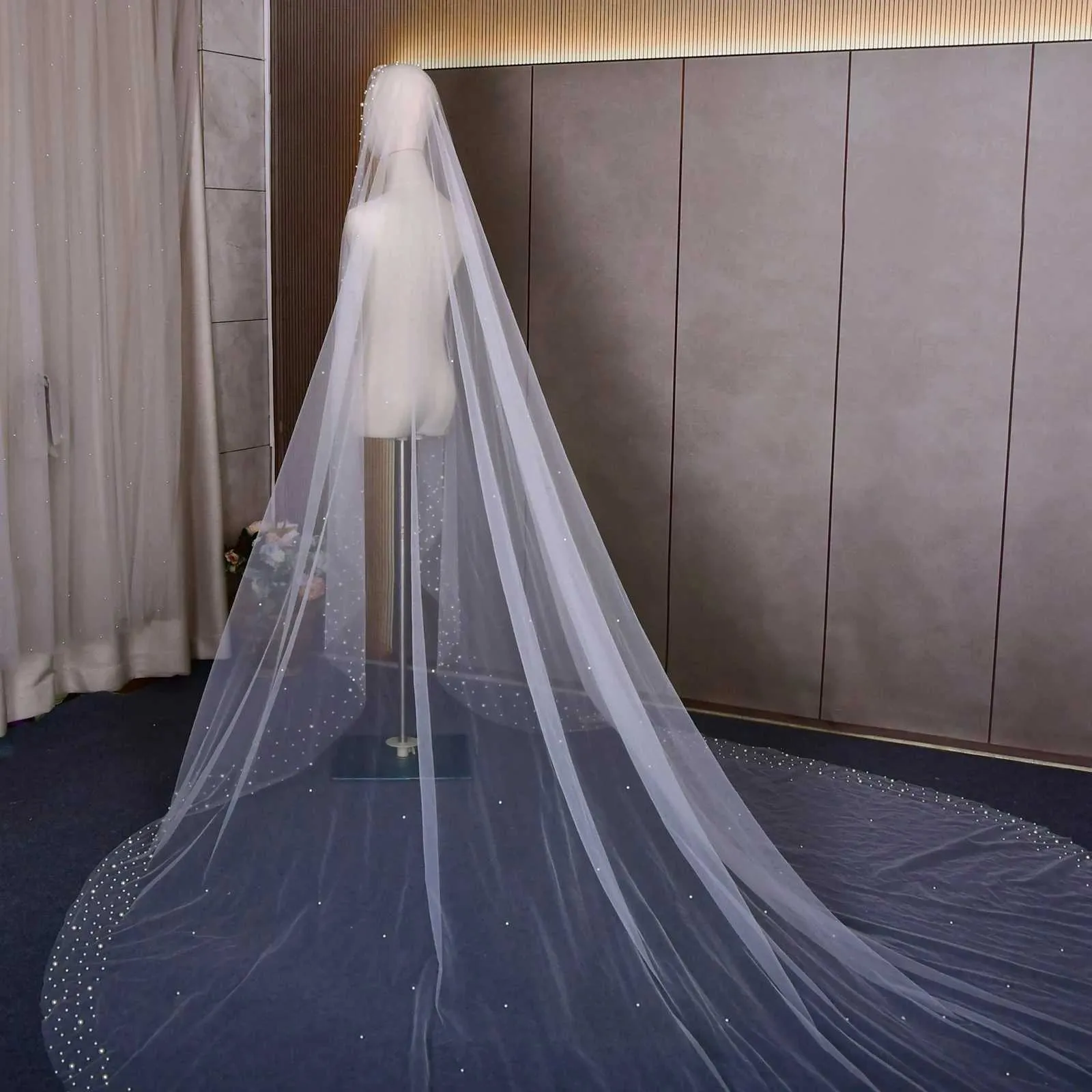 Gioielli per capelli V145 Velo da cattedrale extra lungo 3M Perle larghe Veli da sposa in rilievo con pettine Accessori da sposa Bianco Avorio_voghion.com