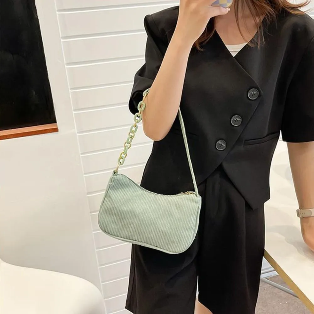 Hobo Chain Corduroy Shoulder Bag Korean Style Solid Color Crossbody Storage Makeup Lipstick Veet Underarm_voghion.com