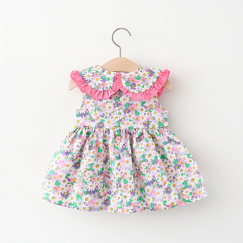 Bloem bedrukte babymeisjesjurk Mouwloos poppenkraagje Schattige jurk Verjaardagsfeestjurk Stuur strik tas_voghion.com