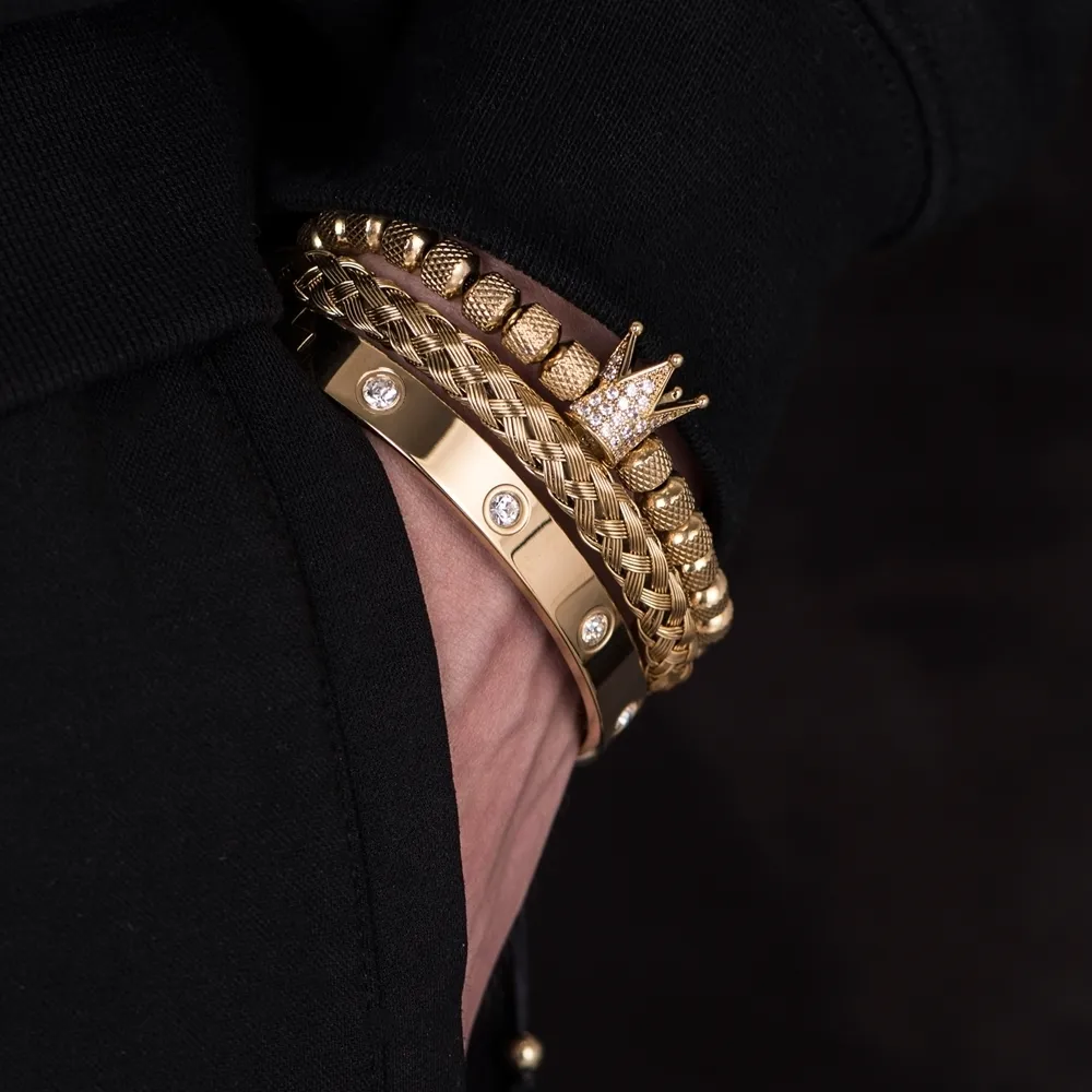 3 stk/sett Micro Pave CZ Crown Roman Royal Charm Men Armbånd Rustfritt stål Krystaller Armbånd Par Håndlagde smykker_voghion.com
