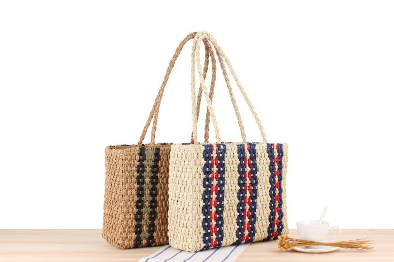Neue vertikal gestreifte Tasche aus Grasgewebe mit einer Schulter, modische Damentasche, geeignet für Sommerferien,_voghion.com