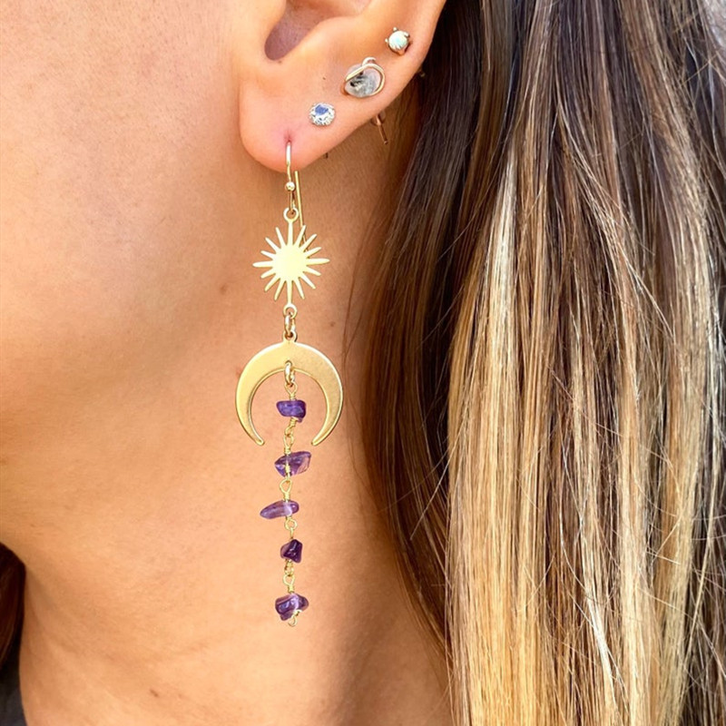 Nuevos pendientes coreanos de venta caliente transfronterizos, pendientes de borlas de columna hexagonal de cristal asimétrico de moda, pendientes con ganchos para las orejas_voghion.com