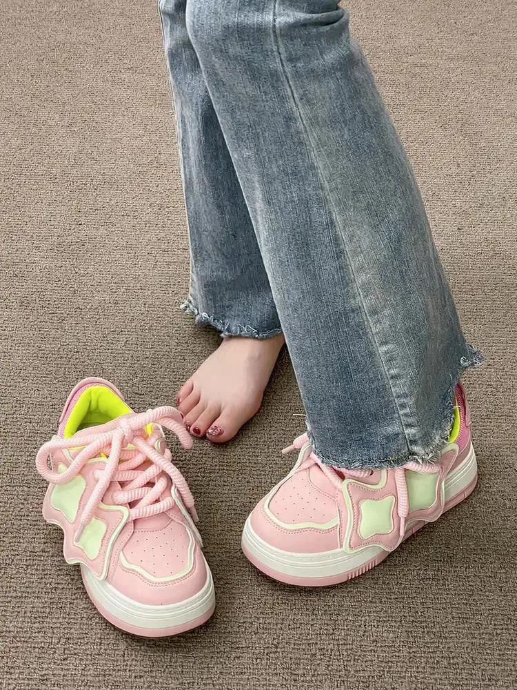 Scarpe da ginnastica con plateau rosa e blu da donna, scarpe sportive kawaii, casual, da tennis, da donna, basse, vintage, con suola spessa, coreane, carine_voghion.com