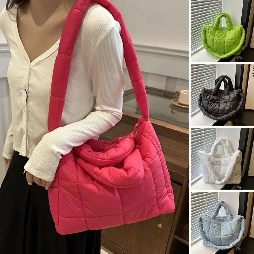 Puffy Quilted Shoulder Tote Bag Large Capacity Lightweight Cotton_voghion.com
