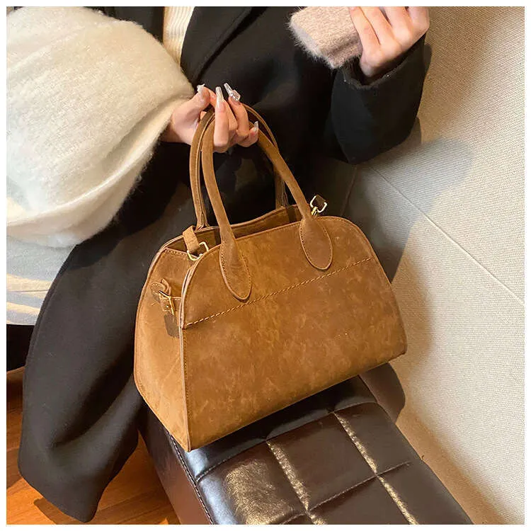Borsa a mano retrò di grande capacità, nuovo stile, in pelle scamosciata leggera, alla moda francese, a tracolla singola, da donna, stile da strada_voghion.com