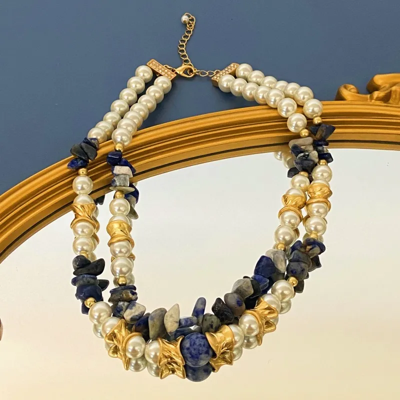 Kjeder Vintage Pearl Stone håndlaget beaded mote dobbeltlags kjede_voghion.com