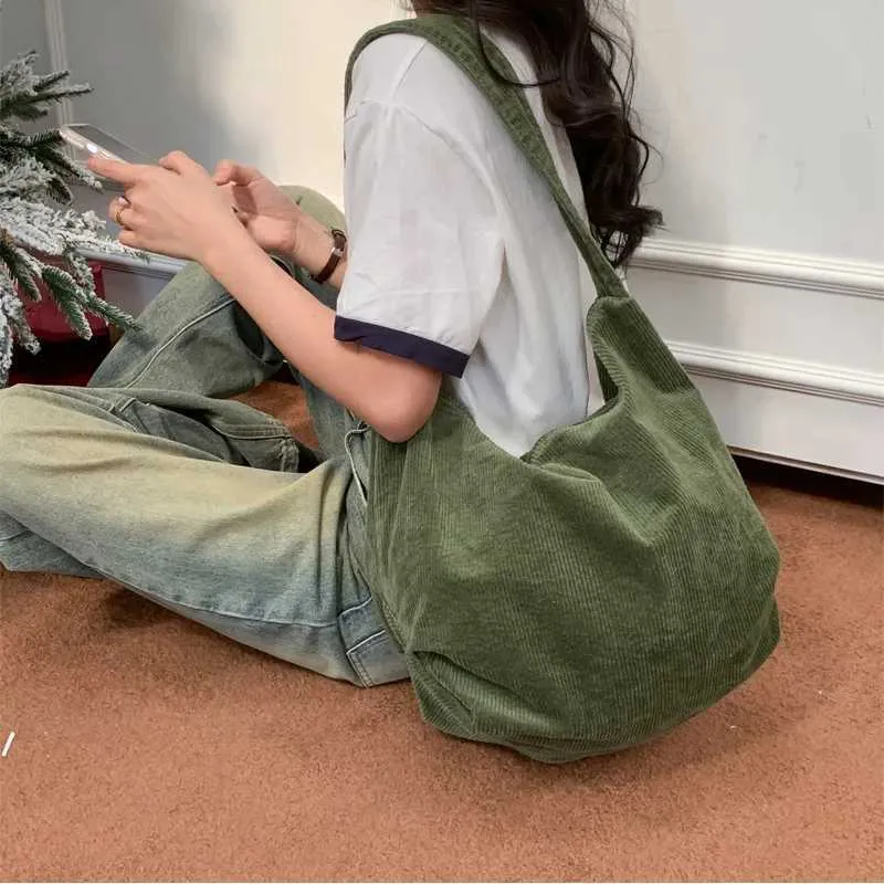 Corduroy schoudertas dames grote capaciteit retro stijl_voghion.com