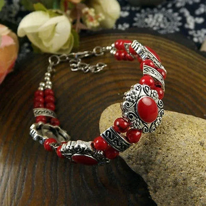 Pulseira feminina moda vintage pulseira étnica edição coreana dupla camada artesanato retrô remada turquesa acessórios_voghion.com