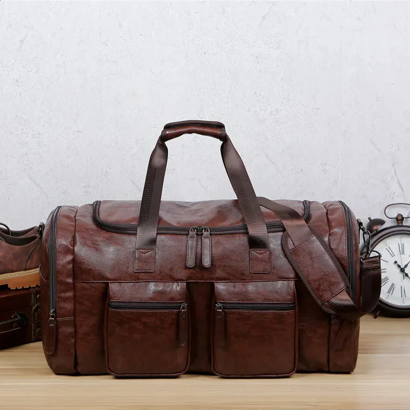 PU Leather Foldable Duffle Suit Travel Waterproof Large Lage Weekend Portable Flight Bag Handbag for Men Women 240802_voghion.com