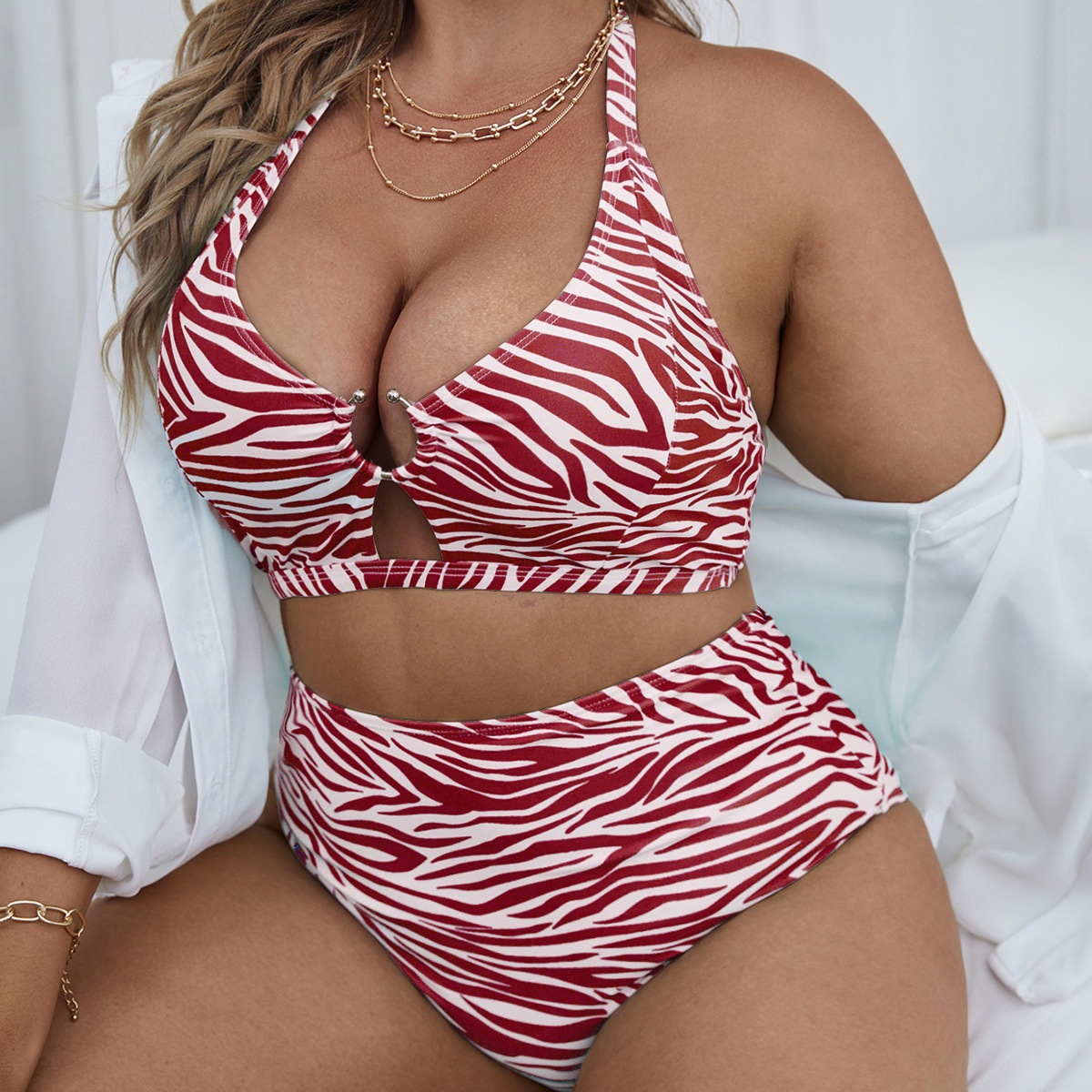 Women's large size striped print multi-color high waist backless lace-up hollow sexy split bikini women_voghion.com