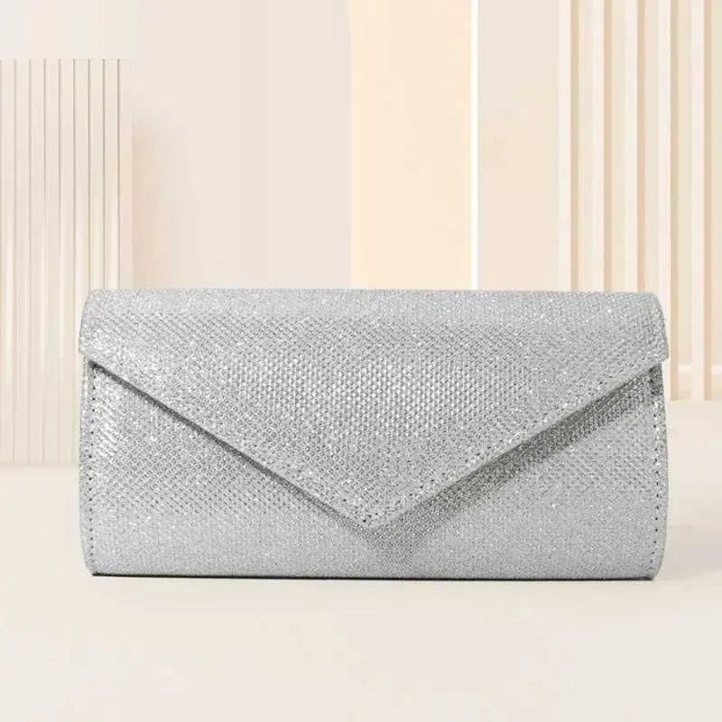 Womens envelope evening chain shoulder bag shiny sier long wallet womens wedding party clutch mini handbag Y241019_voghion.com