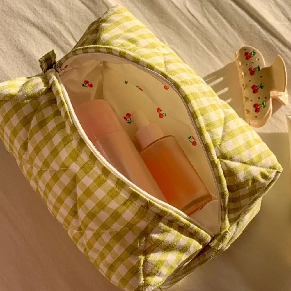 Trousse de toilette de voyage matelassée en coton pour femme, trousse de maquillage portable de grande capacité, motif floral à carreaux roses_voghion.com