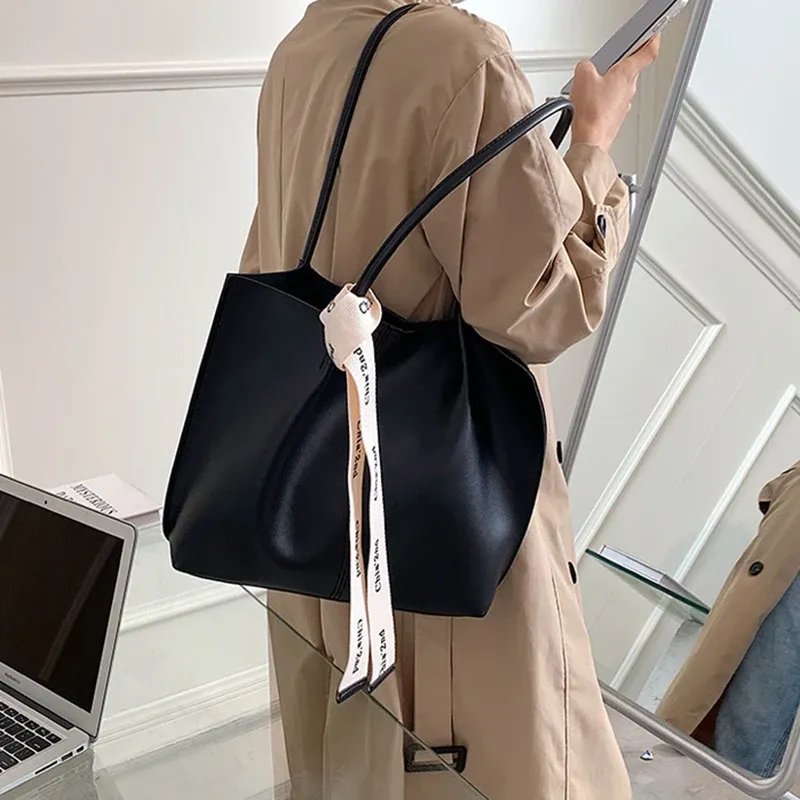 Borsa da ufficio da donna, uso quotidiano, bellezza, marrone, nera, moda, con nastro, a tracolla, per pendolari, grande capacità, a mano, retrò._voghion.com