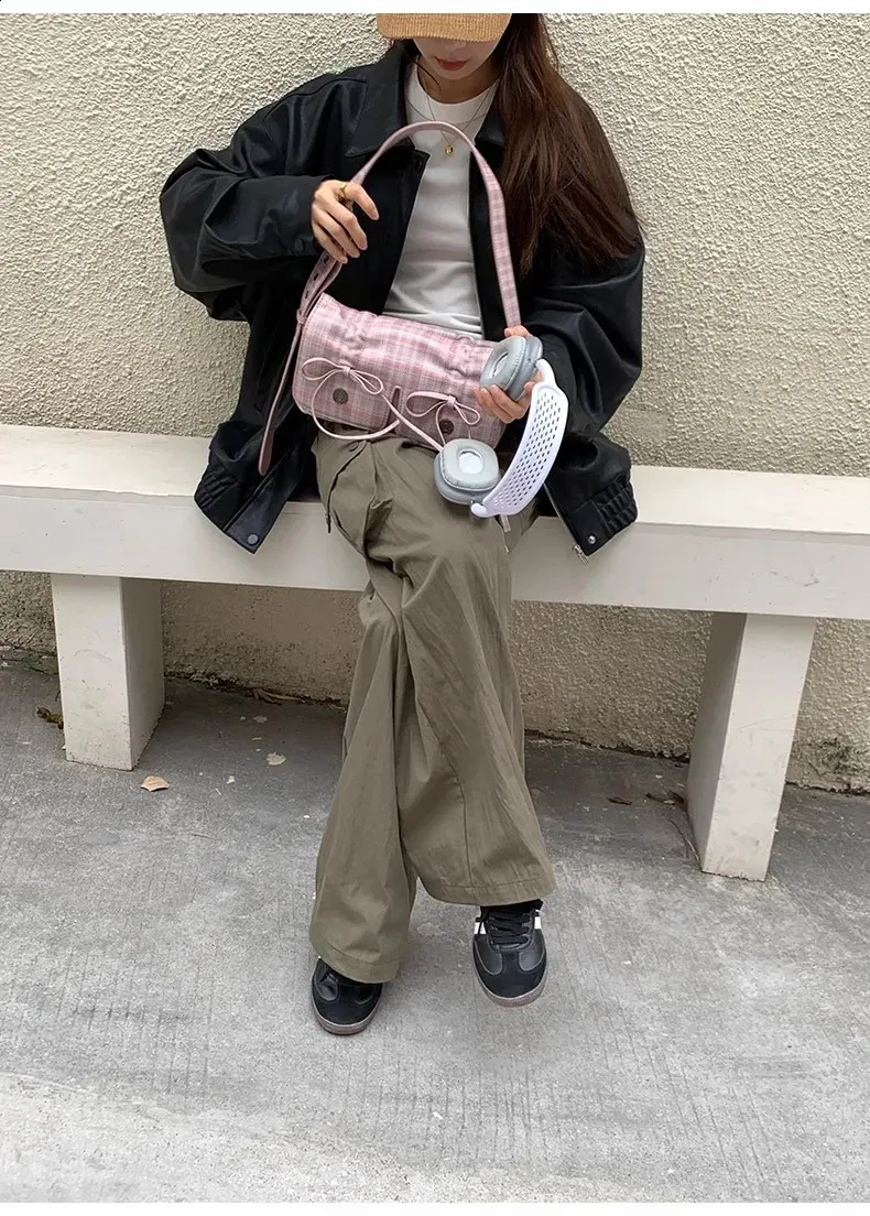 MBTI Plaid Pink Damen Schultertasche Plissee Lässig Süße Niedliche Mode Lederhandtasche Literarische Exquisite Achseltasche 240827_voghion.com
