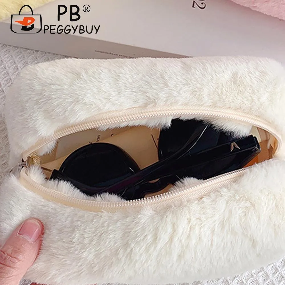 Plush Makeup Bags Large Capacity Soft Make Up Brushes Storage Solid Color Cosmetics Handbag Case Portable For Travel_voghion.com
