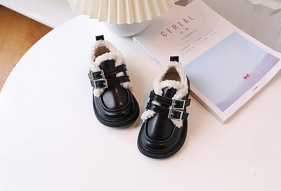 Children Leather Loafers For Boys Girls Winter Thick Soled Lamb Wool Warm Girl Uniform Princess School Cotton Shoes_voghion.com