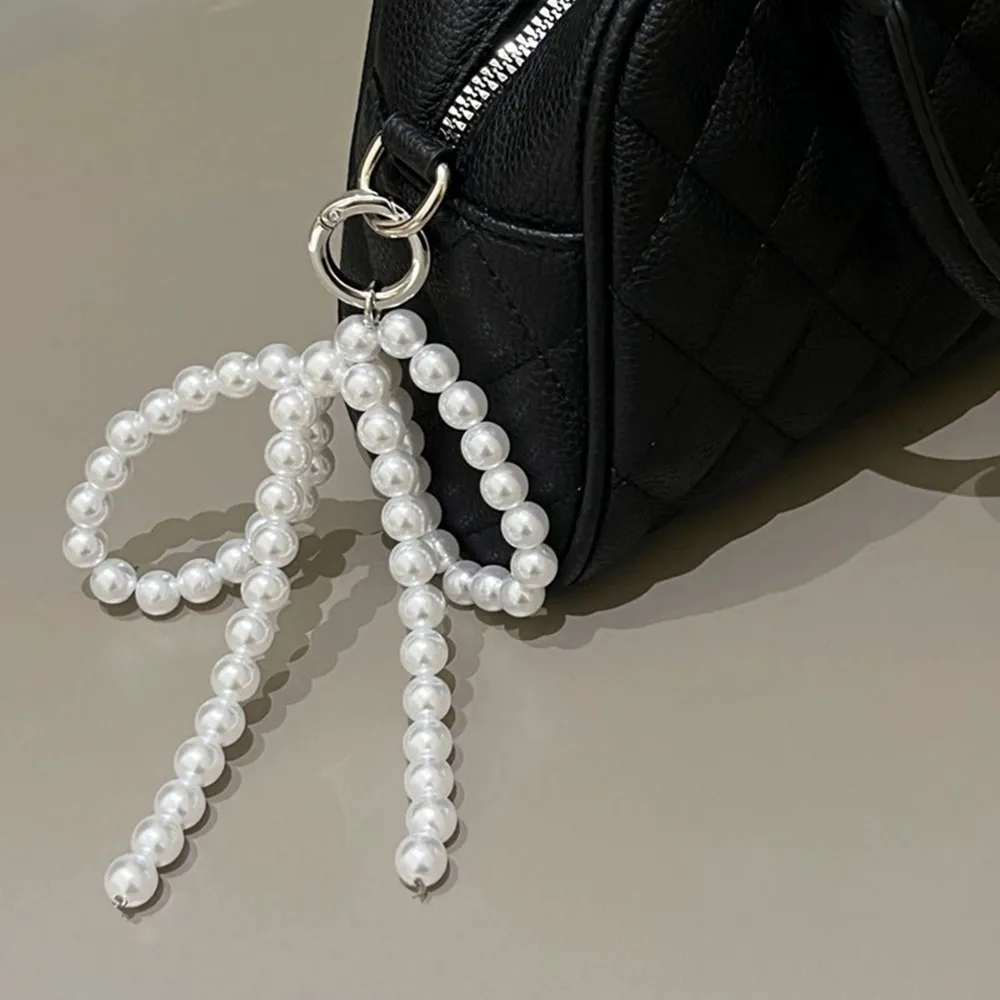 Portachiavi coreano Y2K con perline, fatto a mano, a forma di fiocco, portachiavi a forma di cuore, ornamento con perle, decorazione per borse e telefoni_voghion.com