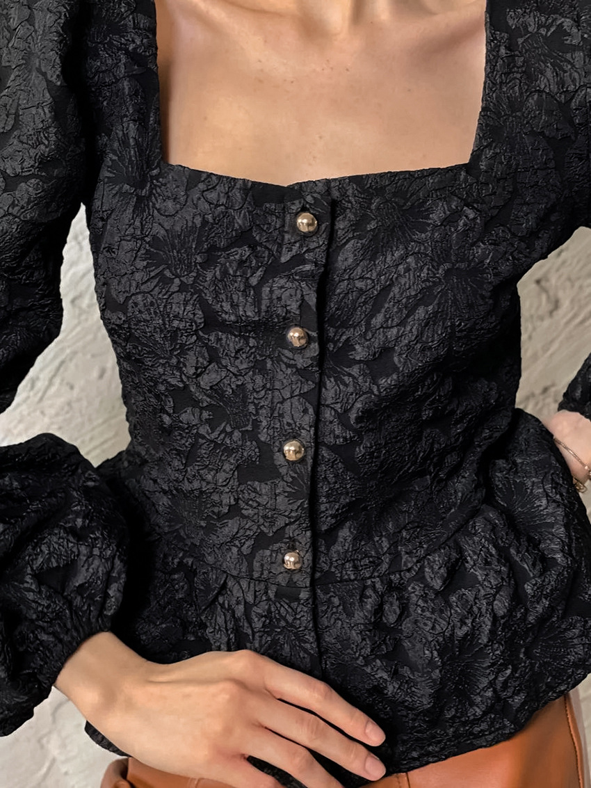 Top a maniche lunghe da donna con maniche a sbuffo jacquard, design versatile, collo quadrato, nicchia_voghion.com