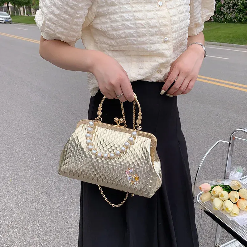 Sacs à bandoulière en argent doré pour femmes, pochette de soirée en perles, chaîne, clip, sacs à main de fête 240821_voghion.com