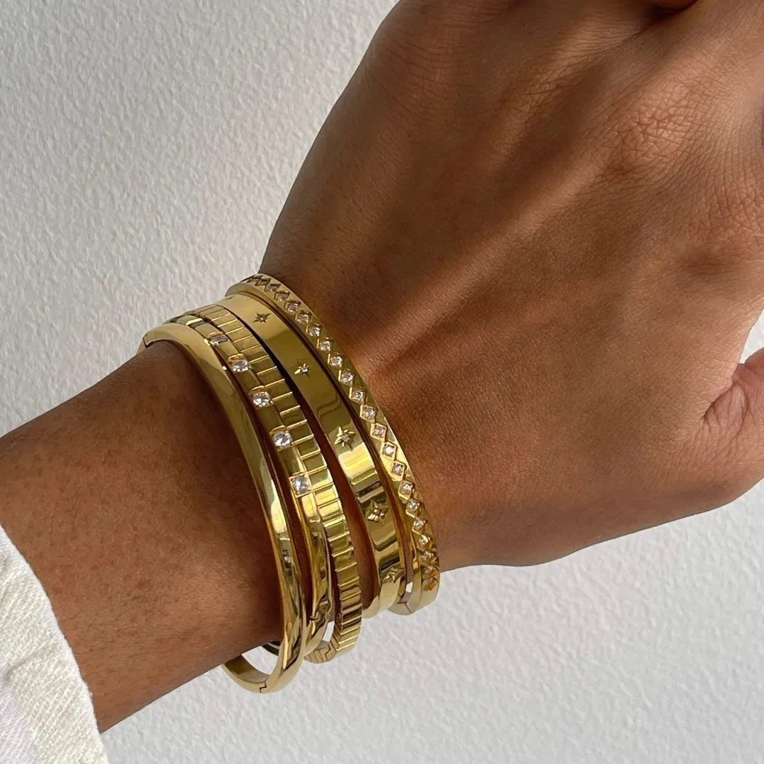 New Waterproof Stainless Steel Stacking Open CZ Cuff Bangles Gold Plated Star Zircon Bracelet Women INS Summer 2022_voghion.com