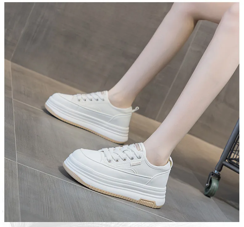 Genuine Leather Thick Sole Round Toe Raised Small White Casual Comfortable Trendy And Versatile Women Board Shoes_voghion.com
