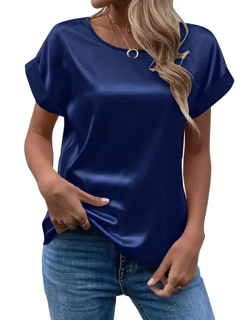 hot selling Spring and Summer New Women's Short Sleeve Satin Shirt Loose Casual Round Neck Colored Ding T-shirt Women_voghion.com