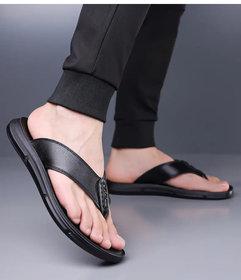 Sandálias de couro bovino de primeira camada, chinelos casuais de verão com estampa espinha de peixe, ideais para uso externo._voghion.com