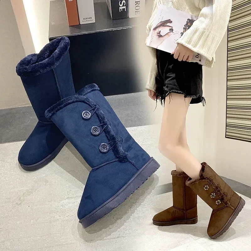 Botas de nieve con botones para mujer, de invierno, estilo coreano, con punta redonda, de algodón y lana cálida, planas, de talla grande, Bota Cano Curto Femenina 240904_voghion.com