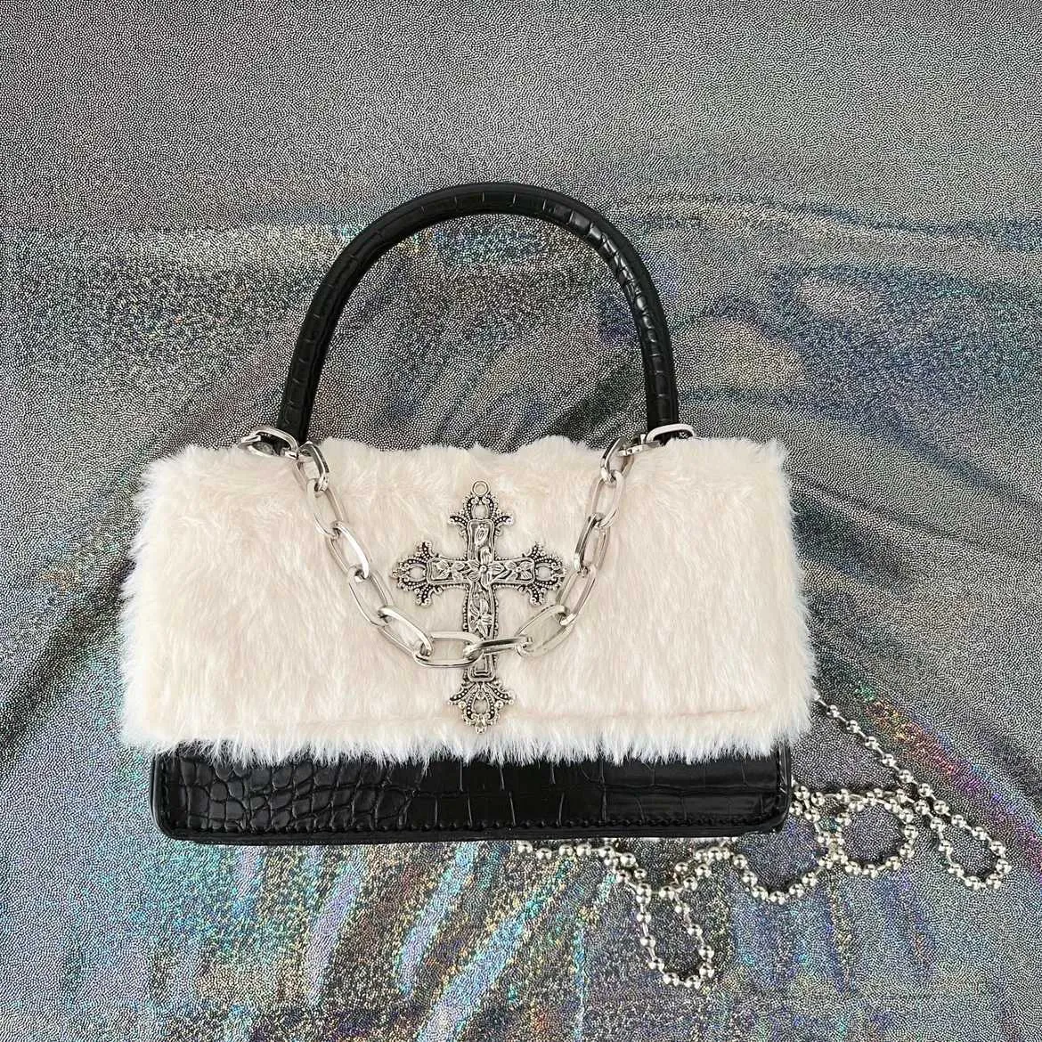 Quick view list Y2k Gothic Handbag for Women Soft Plush Cross Applique Chain Shoulder Hot Girls Hip Hop American Style_voghion.com