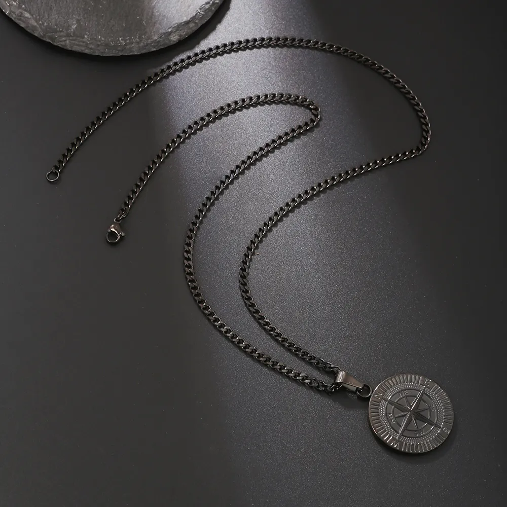 Colliers Hio Hop pour hommes en acier inoxydable avec pendentif boussole de voyage et voile, chaîne cubaine Figaro, collier décontracté_voghion.com