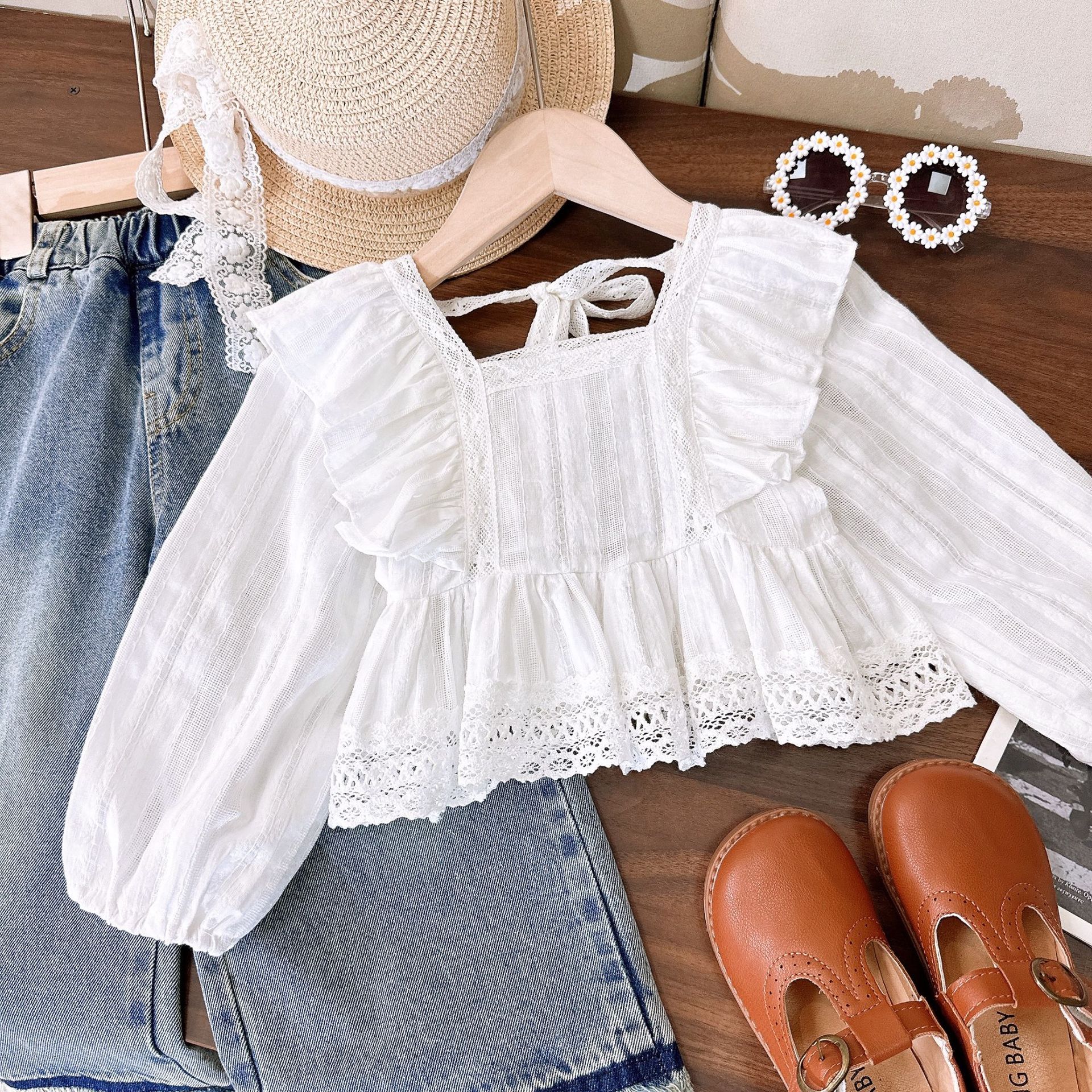 Mutter & Kinder 2024 Frühjahr und Herbst neues süßes Puffärmel-Top für Mädchen plus gerade Jeans zweiteiliges Set_voghion.com