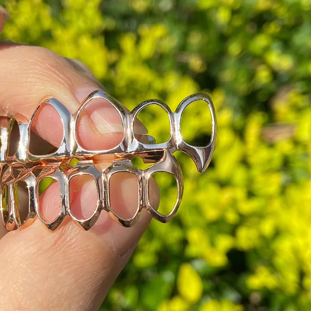 RACHELZ Fashion 6/6 Denti completamente cavi 14K placcati oro Dentiere Decor Bretelle Zanne Griglie dentali per uomo Donna Gioielli_voghion.com