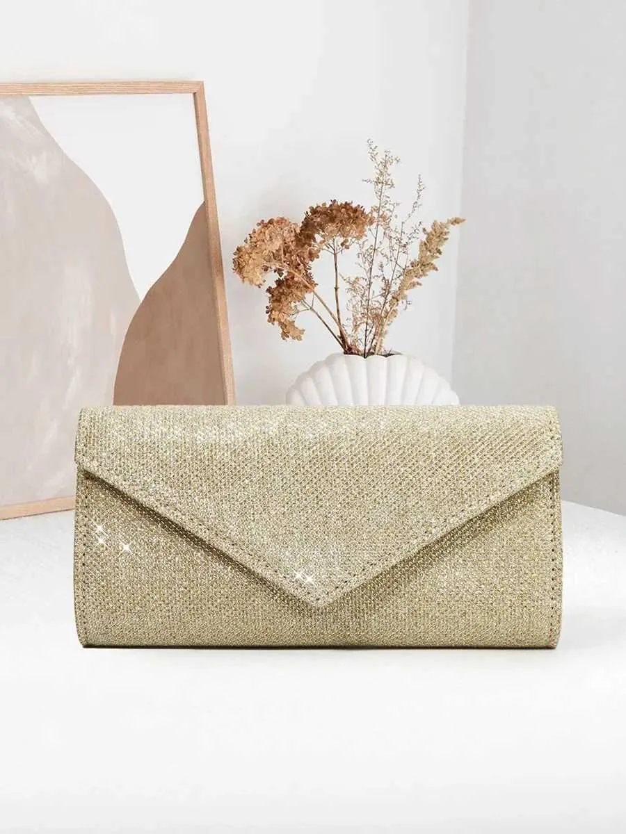 Womens envelope evening chain shoulder bag shiny sier long wallet womens wedding party clutch mini handbag Y241019_voghion.com