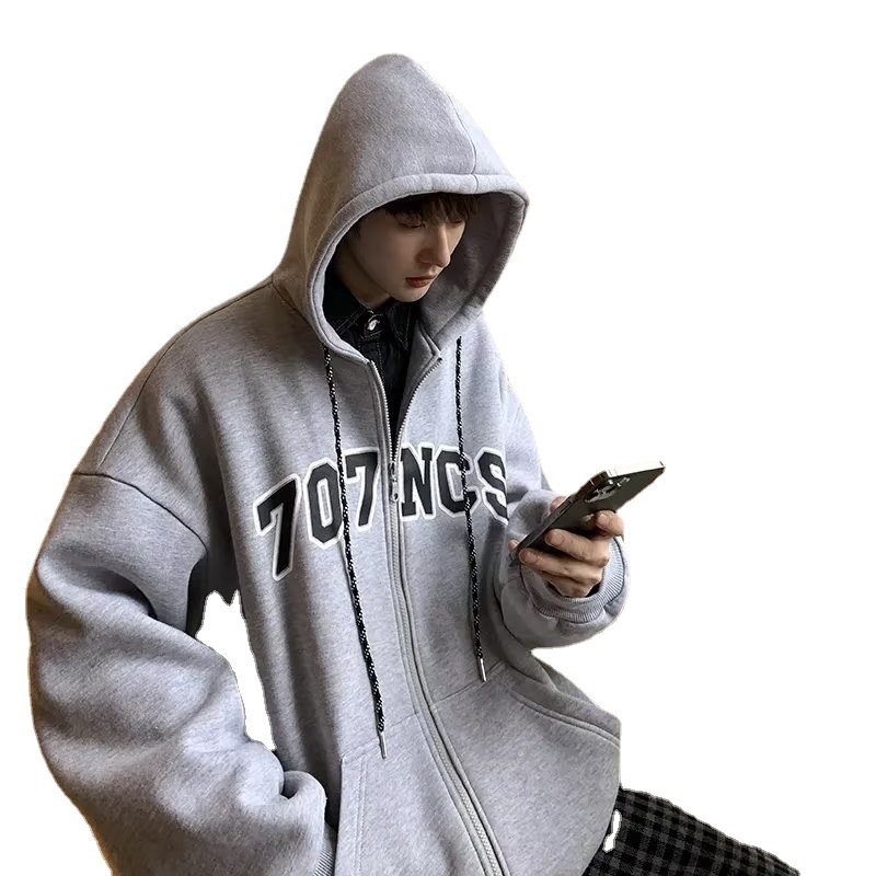 Cardigan con cappuccio con lettere americane, da uomo, oversize, stile coreano, stile vintage, tendenza_voghion.com