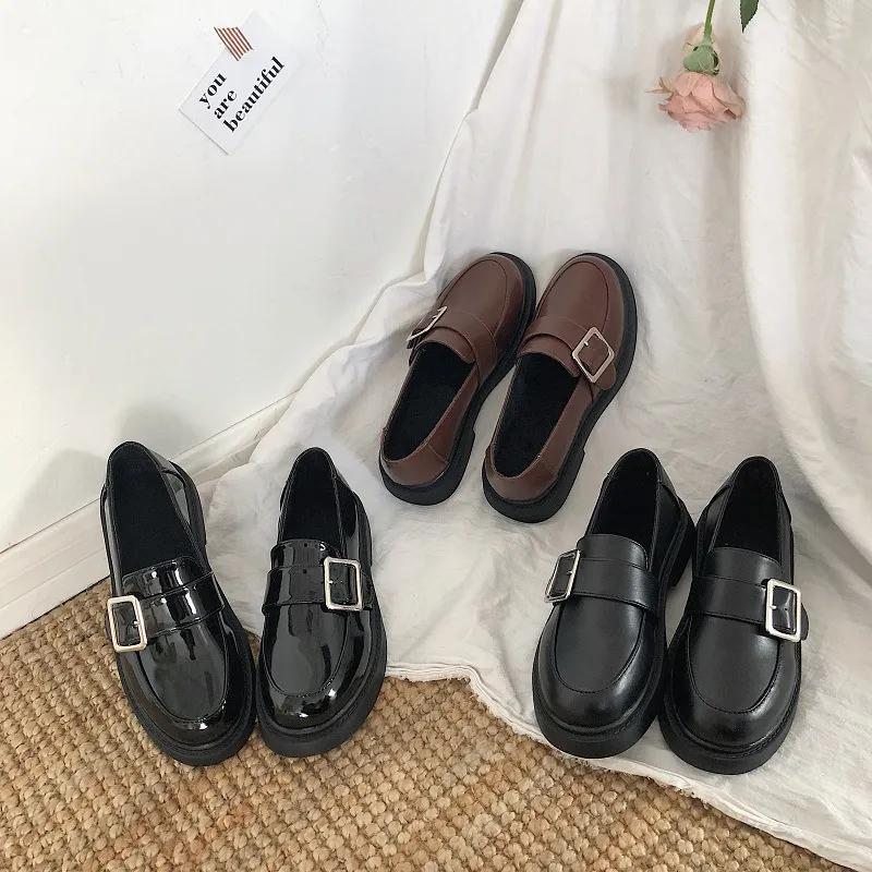 Sapatos femininos de couro versáteis estilo britânico retrô, boca rasa e estudante_voghion.com