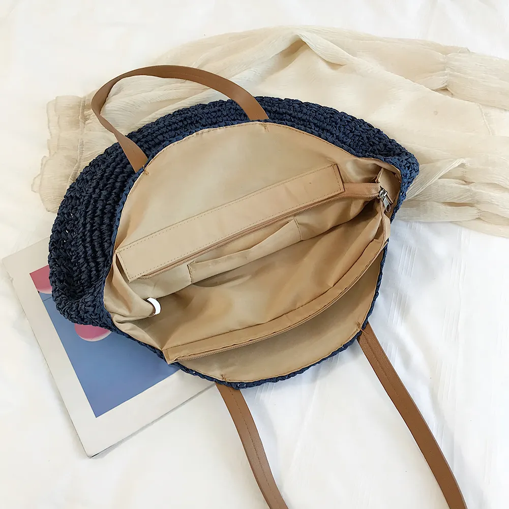 Borsa a tracolla rotonda estiva da donna in rattan intrecciato, in paglia, fatta a mano, da spiaggia, per la spesa, con manico superiore_voghion.com