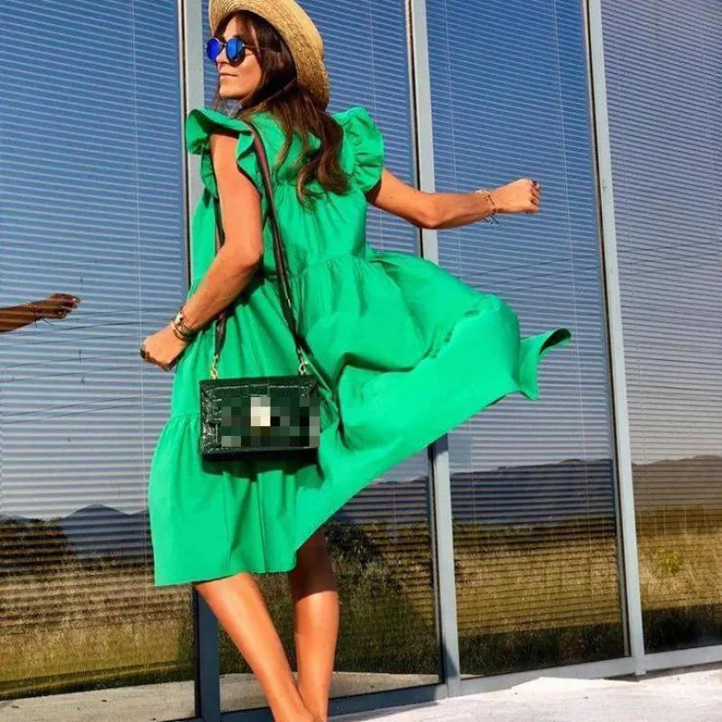 Dam boho sommarklänning veckad lång lös plus size vit_voghion.com