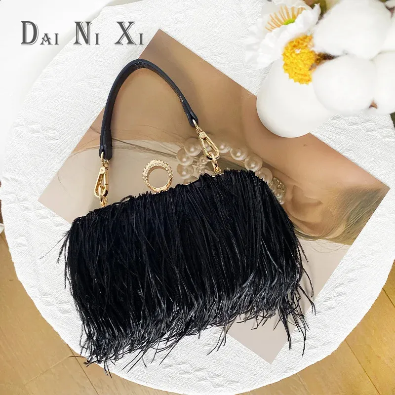Mode Strauß Fuax Pelz Feder Brieftasche Clutch Tasche Damen Dia Knuckle Ringe Dinner Party Hochzeit Geldbörse Chic 240919_voghion.com